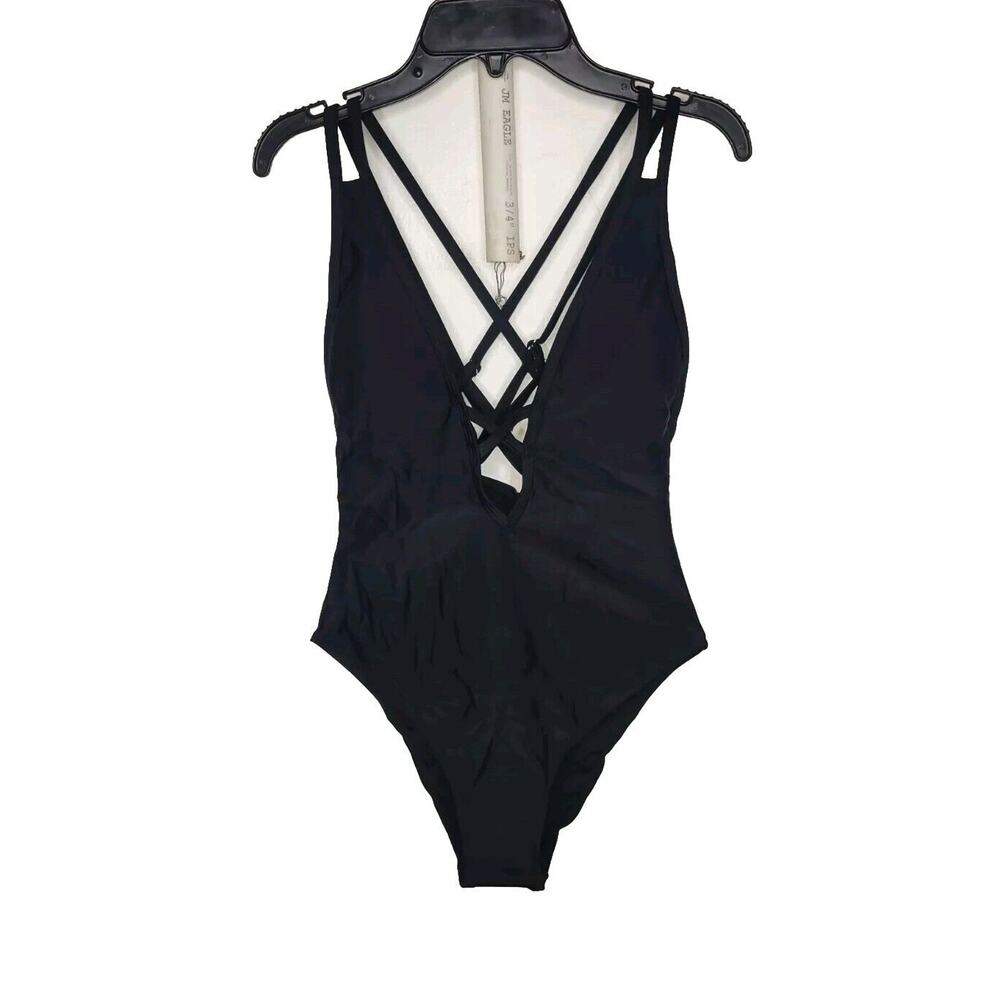 Ekouaer Small Plunge Neckline One Piece Criss Cross Swimsuit Bathing Suit Black
